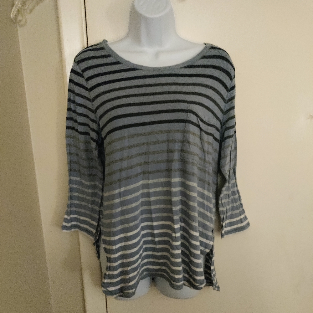 🔥CALVIN KLEIN Periwinkle Blue,Black & white striped long sleeve top Sz.M